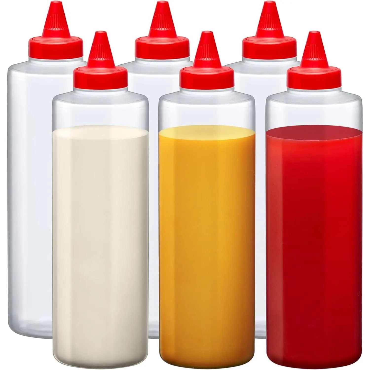 Kitchen 24-oz BPA-Free Reusable Plastic Squeeze Bottles, Set of 6, Dishwasher-Safe, Ideal for Ketchup, Mustard, Mayonnaise