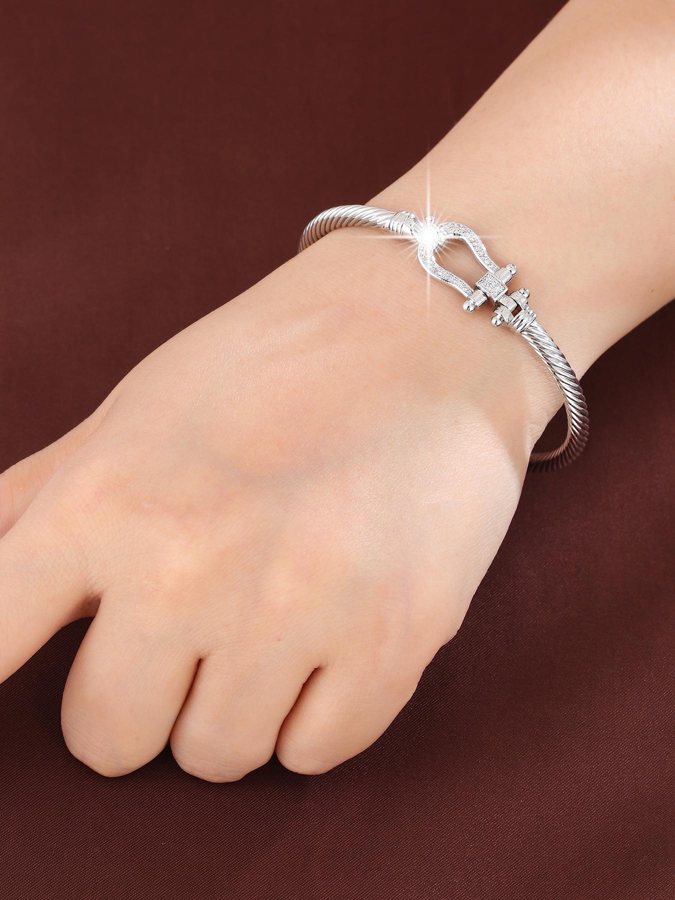 Women's Elegant Rhinestone Decorated Luxury Bangle Bracelet, Exquisite Trendy Cubic Zirconia Bangle for Women & Girls, Fashionable Jewelry for Daily & Party Decoration, Rhinestone Decor Bangles, Elegant Minimalist Bangle, Pretty Bracelet
