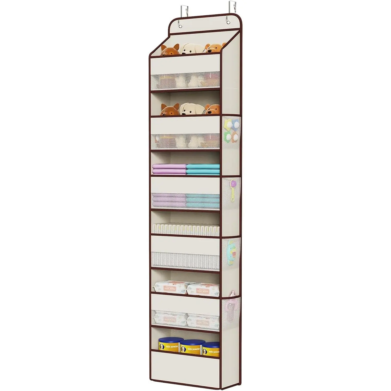 6 Tier Over The Door Organizer With 8 Mesh Side Pockets, Organizers and Over The Door Organizer For Nursery Baby (Beige)