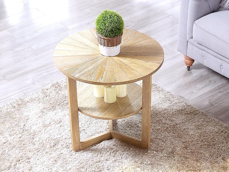 Round side table, natural wood-toned coffee table Double-tiered round sofa side table with storage functionality Vintage-inspired natural wood round bedside table Solid wood bedside table suitable for living rooms, bedrooms, and offices wildlife prints