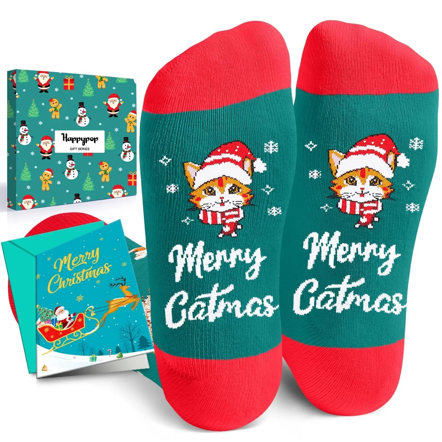 HAPPYPOP Christmas Gifts Stocking Stuffers for Cat Lovers - Christmas Socks for Teens, Green Cat Mom Dad Socks for Women Men with Greeting Card