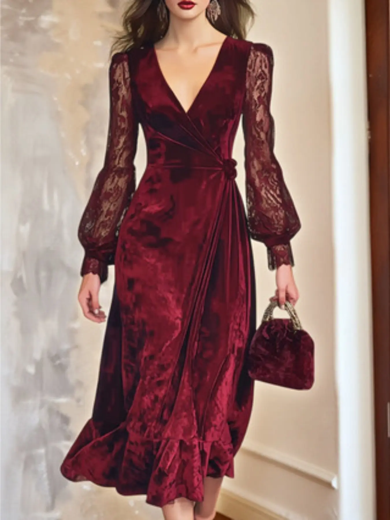 Wine Velvet Lace Sleeve Mermaid Dress for Women, Vintage Luxury Style, Perfect for High-End Dinners, Weddings, and Exclusive Events