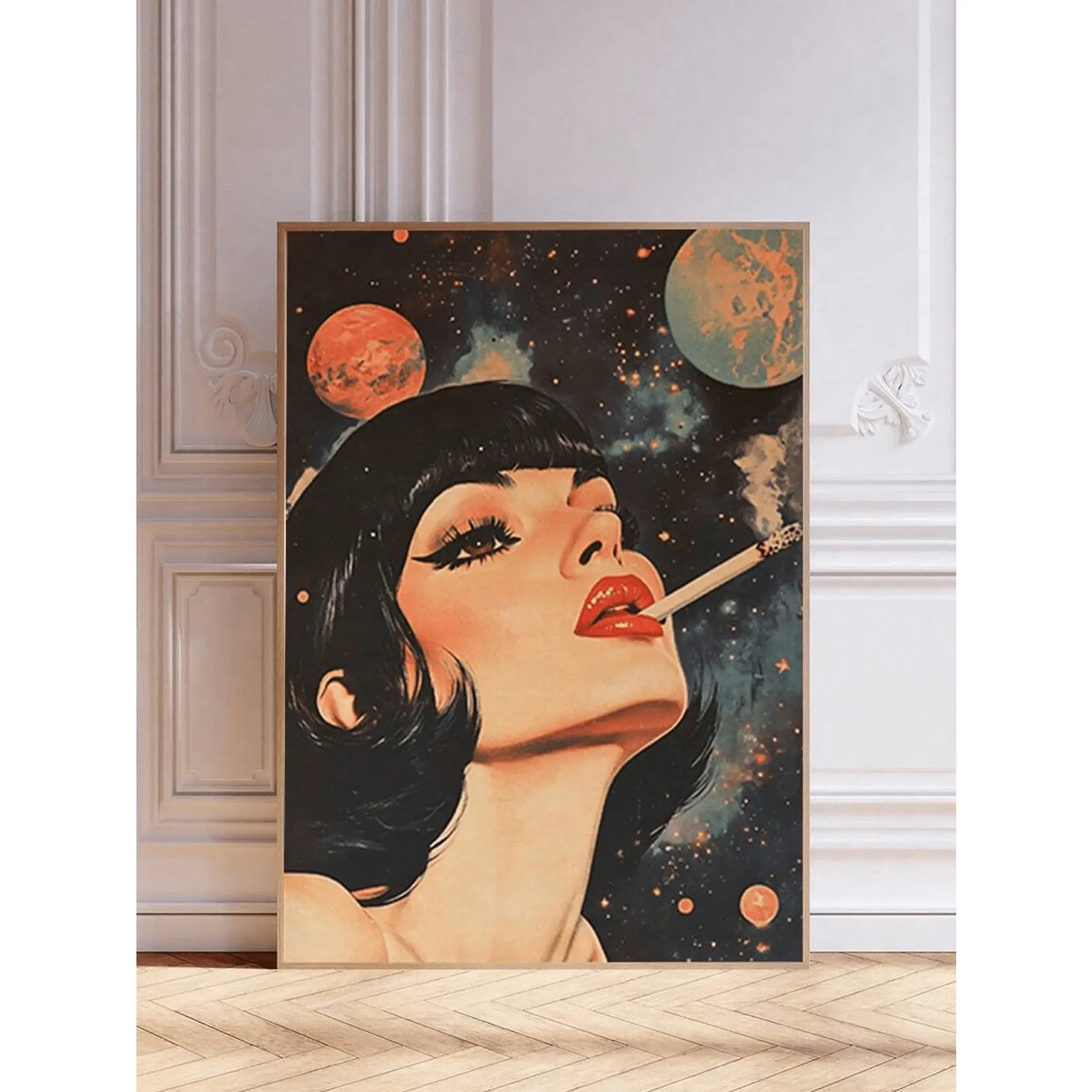 1pc Framed Canvas Wall Art - Multicolor Vintage Cosmic Scene Smoking Woman Poster, Cosmic Hippie Sci-Fi Cartoon Decor, Modern Retro Wall Decoration, Suitable For Home & Office, Spring Birthday Gift, One-Piece