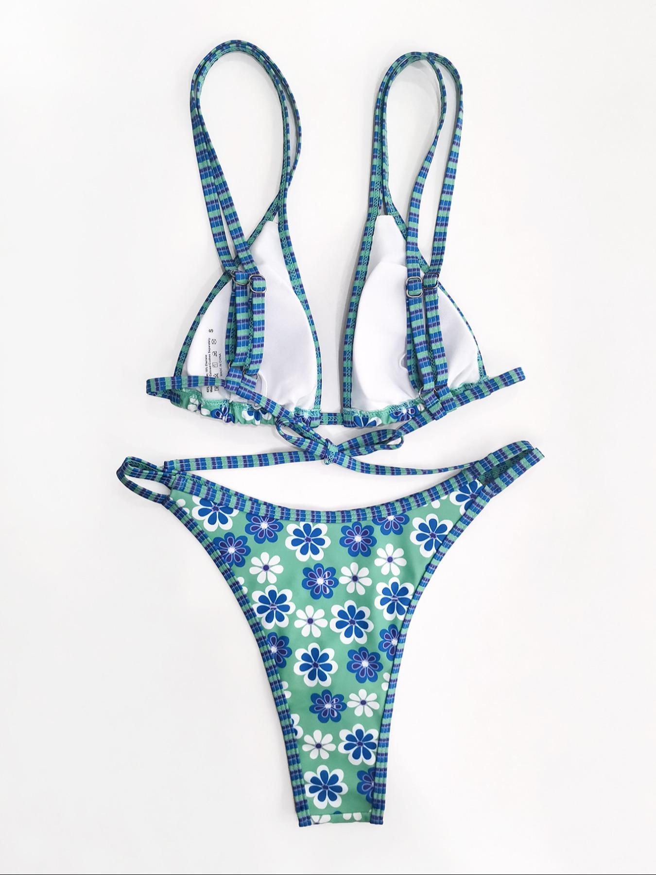 Two-Piece Set Women's Floral Print Bikini Set, Casual Tie Back Swim Top & Swim Bottom Two-piece Swimsuit for Beach Holiday Vacation, Ladies Swimwear for All Seasons