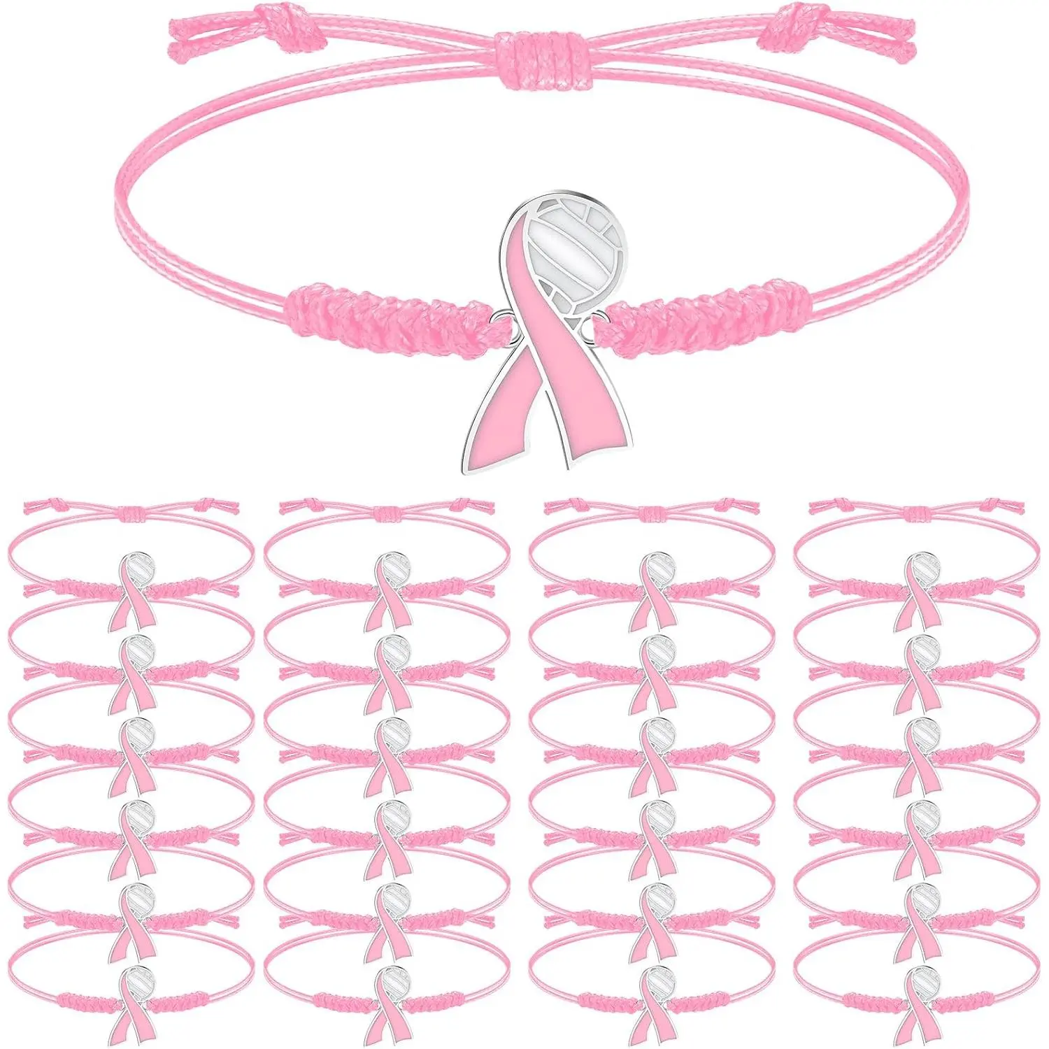 20 count Volleyball Breast Cancer Bracelets  out Volleyball Adjustable Cord Ribbon Bracelets Breast Cancer Awarenes Gifts for Women