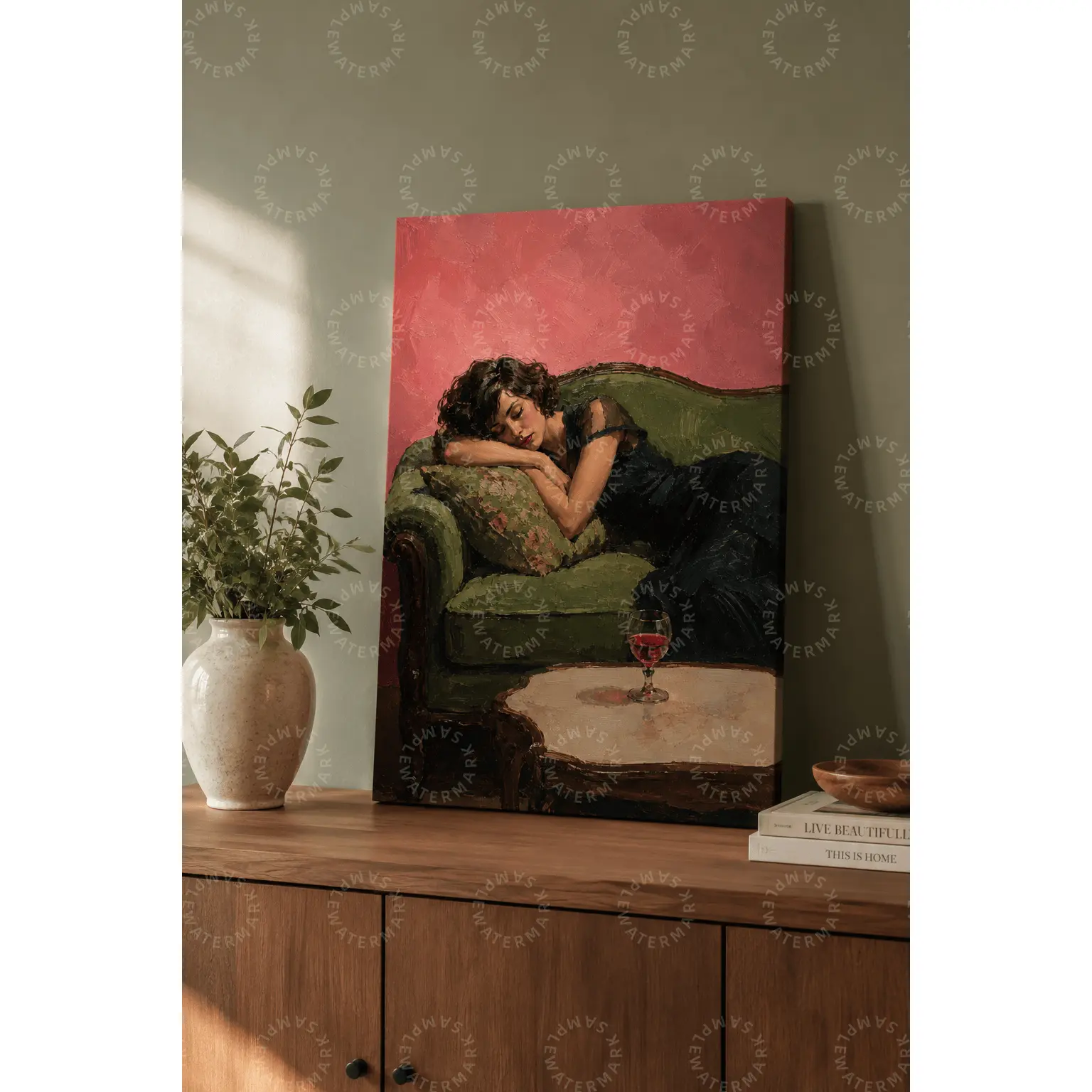 Vintage Resting Woman Canvas Art, Green Sofa Pink Background Poster, Moody Figurative Aesthetic Wall Decor for Living Room Bedroom Office, Retro Portrait Wall Art, Eclectic Home Decor Gift