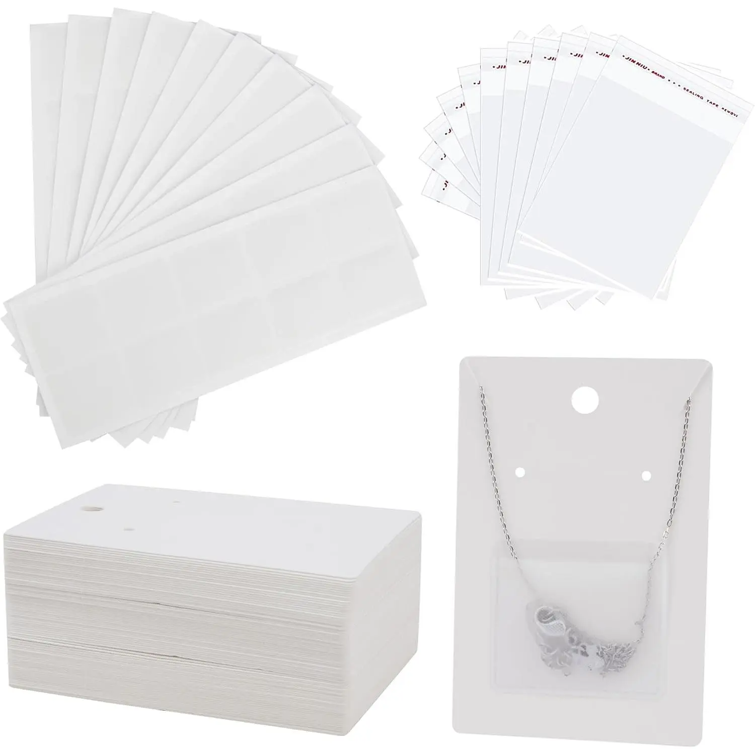 100 count  Display Cards with Adhesive Pouch & Clear Bag, White | Earring Necklace Card for Selling , Packaging Supplies for