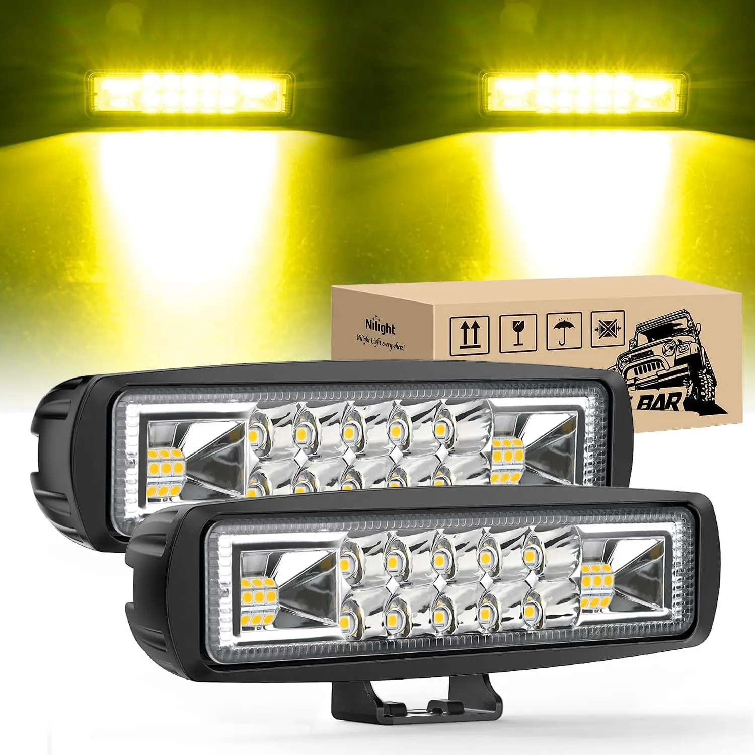 Nilight 2PCS 60W Yellow LED Pods Driving Lights, 6-Inch Aluminum Flood-Spot Combo Beam Off-Road Work Fog Lights, 9-30V DC 12V/1.2A 24V/0.56A for 4x4 Trucks ATV UTV Tractor Boats, -40~85°C