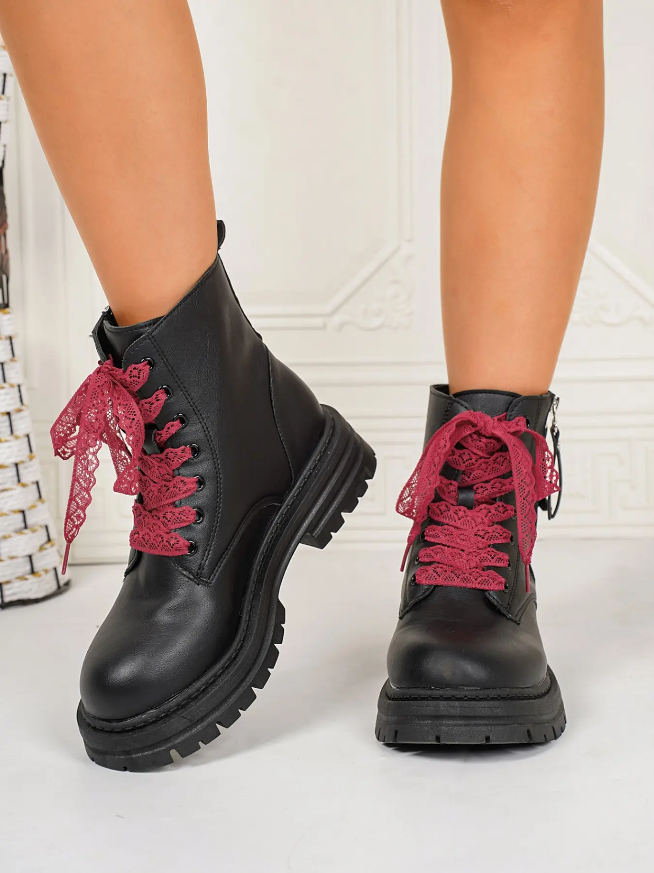 Affordable Fashion Women White Ankle Combat Boots Baby Blue Satin Ribbon Laces Side Zipper Lug Sole Slipresistant Zapatos Mujer Back to School Fall Winter Daily Casual Boots