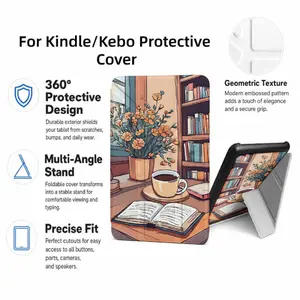 For Kindle/Kobo/Tolino Case, with stand Bookshelf Coffee Flowers Reading Room for New Kindle 11Th 2019, for Kindle 11th Generation Case for Kindle 11Th (2022/2024), 6-Inch, 7-Inch Kindle Paperwhite 12Th Generation 2024 Vision Color (2024) /Vision 6 (2021）