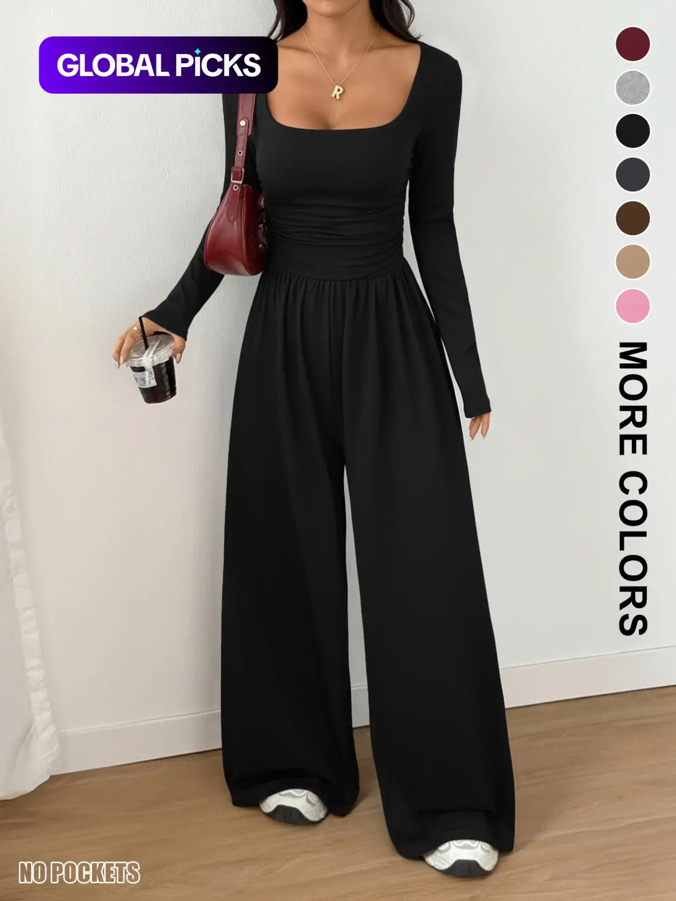 Women's Fall Winter Knit Fitted Wide Leg Jumpsuit Overalls, Casual Jumpsuits, Casual Basic Fashion Plain Color Round Neck One-Piece, Versatile Long Sleeve Romper, Lady Womenswear