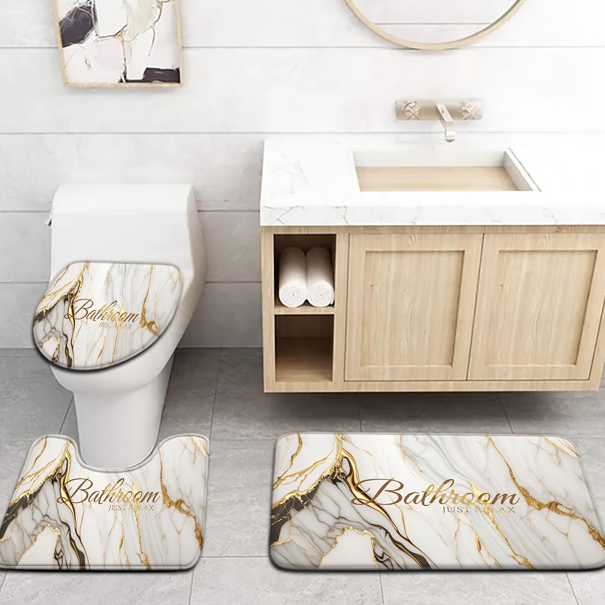 4-Piece Marble Pattern Bathroom Rug Set, Abstract Swirl Ink Fluid Art Bath Mat with "Just Relax" Print, Non-Slip Absorbent Bathroom Accessories with Toilet Lid Cover & U-Shaped Mat for Modern Bathroom Decor
