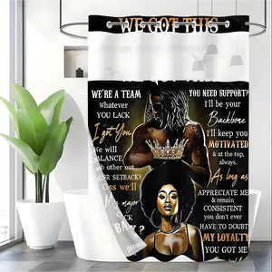 LVRLVR 1pc Black Gold King Queen Couple Motivational Shower Curtain, Solid Black Background Dreadlock King Afro Queen Crown WE GOT THIS Team Loyalty Quote Portrait Print, Sheer Top Window, Detachable Liner & Hook-Free Integrated C-Ring, 70.8" x 74"
