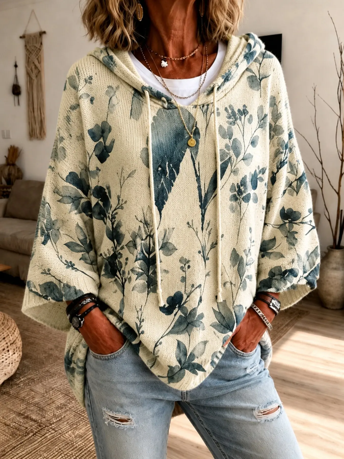 Women's Boho Plant Print Floral Hooded Drawstring Sweater, Casual Loose-Fitting 3/4 Sleeve, Fall & Winter Fashion, Unlined Knitwear, Bohemian