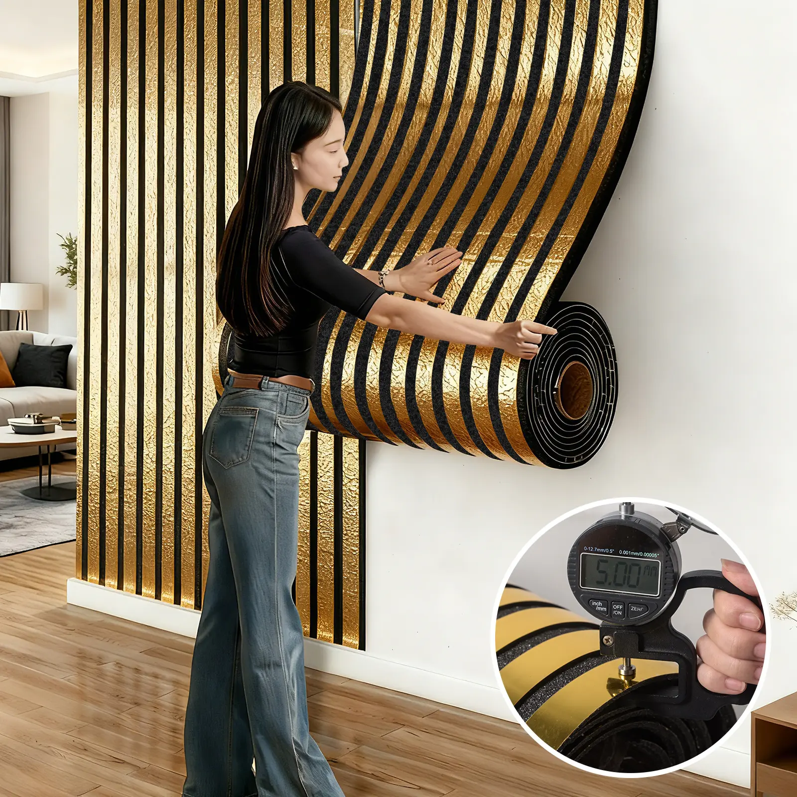 3D Stereo Gold Vertical Stripe Peel And Stick Wallpaper, Thick Aluminum Foil Waterproof Self Adhesive Metallic Wall Mural For Living Room Hotel KTV Cafe Background Wall Home Commercial Renovation Decor