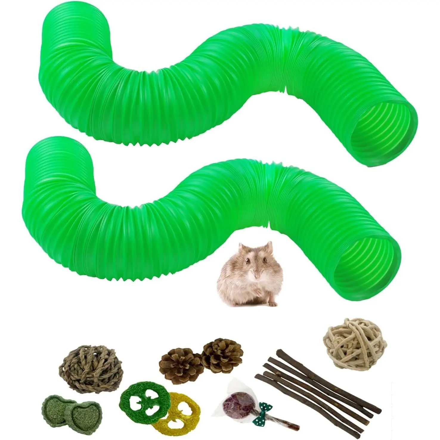 Collapsible Plastic Hamster Tunnel - Foldable Training Hideout Tube, Small Animal Cage Accessory for Mouse, Rat (Green)