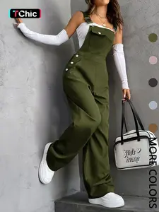 Women's Basic Casual Plain Fitted Pocket Long Overalls for All-Season Wear, Retro Vintage Workwear Style