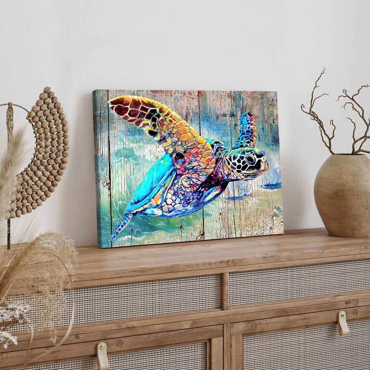 Colorful Sea Turtle Pattern Wooden Framed Canvas Painting, Ocean Vitality Poster, Modern Art Decoration, Wooden Wall Art, Home Decoration for Living Room Bedroom, Ornaments