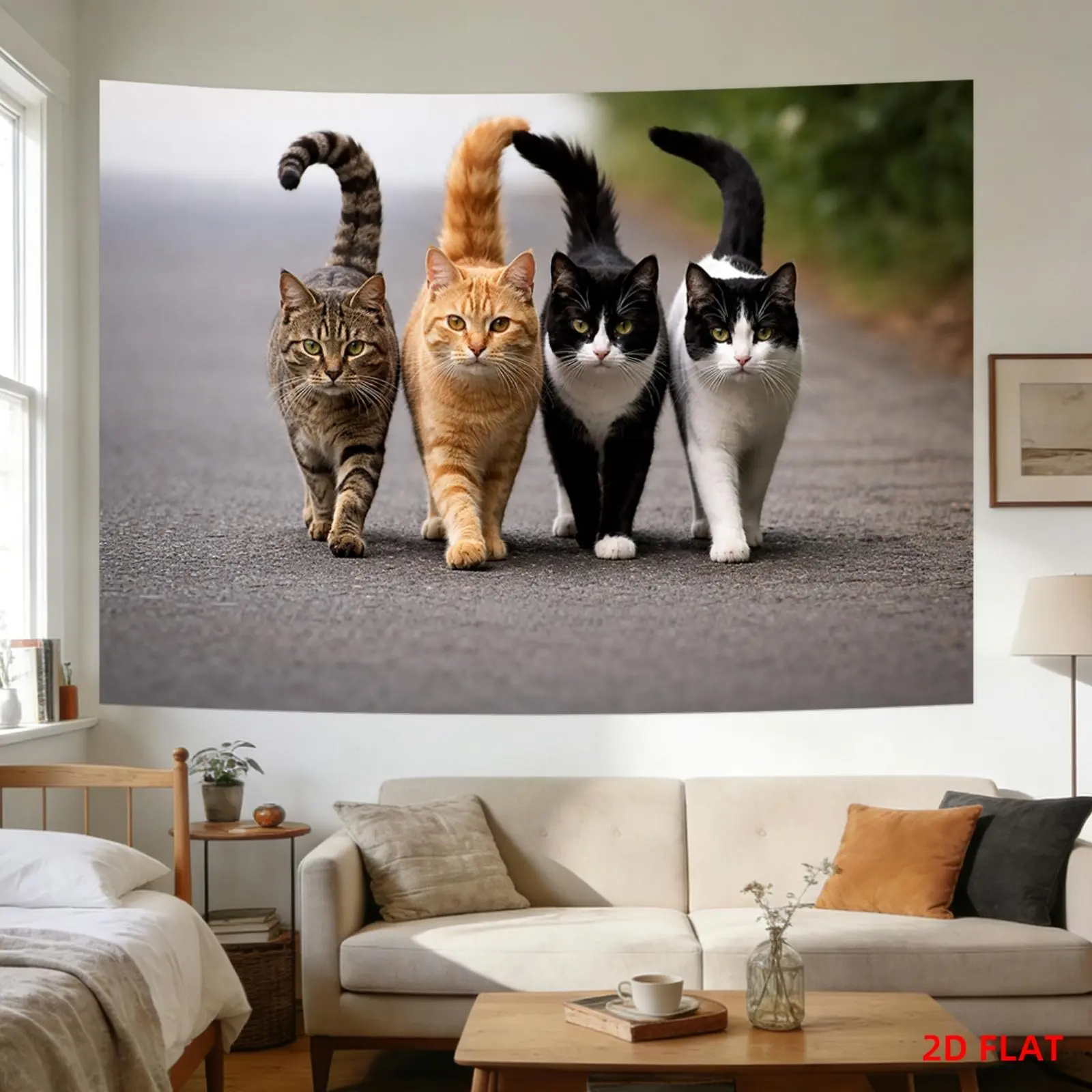 Funny Cat Tapestry with Multi-Color Feline Road-Scene Designs, Wall Decoration Hanging for Living Rooms, Meditation Spaces, Ideal Home Textile Gift for Office or Party Decor