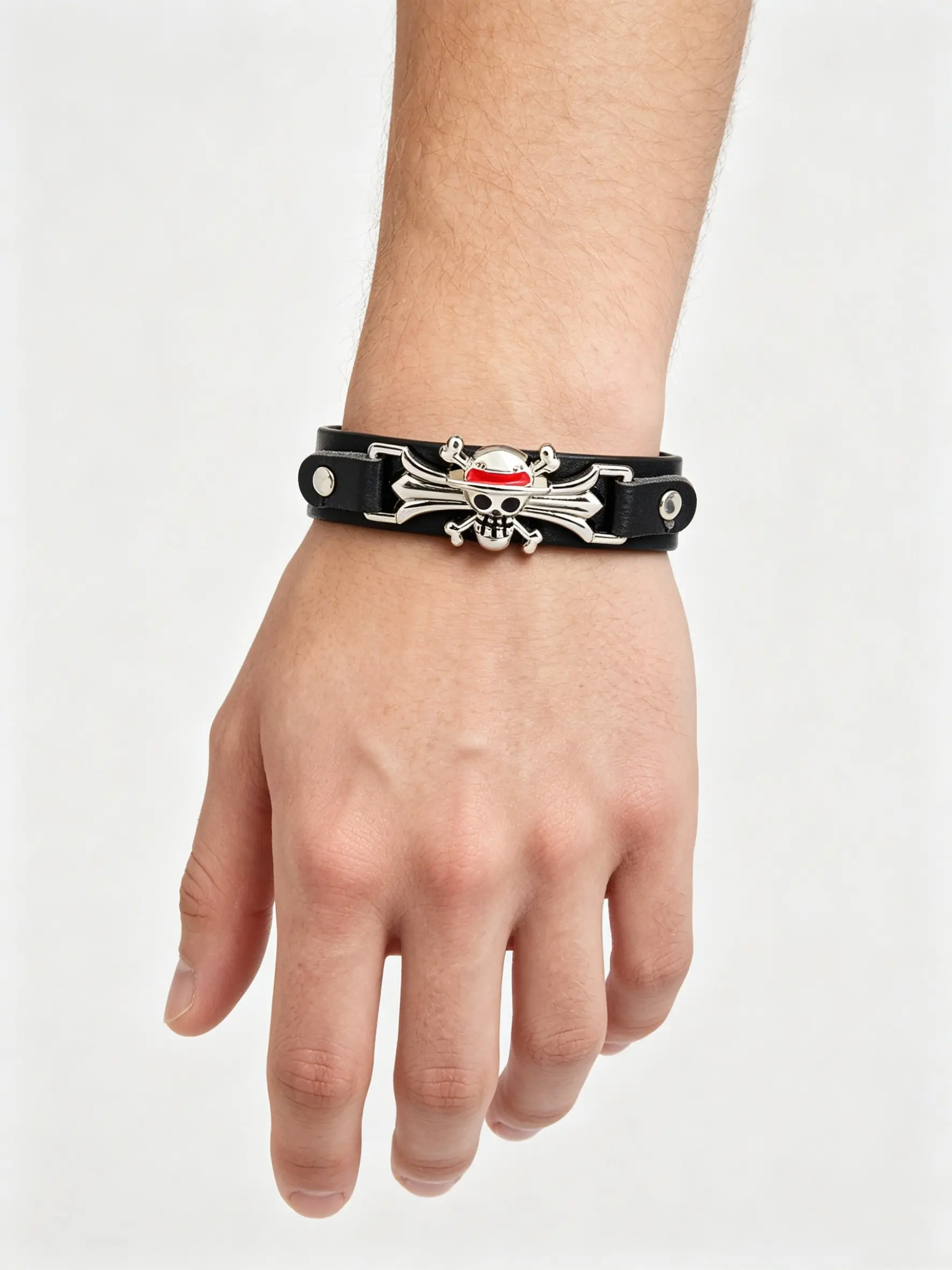 Adjustable Leather Bracelet, Metal Skull Crossbones Design, Hat Detail, Punk Style, All Seasons Fashion Accessory