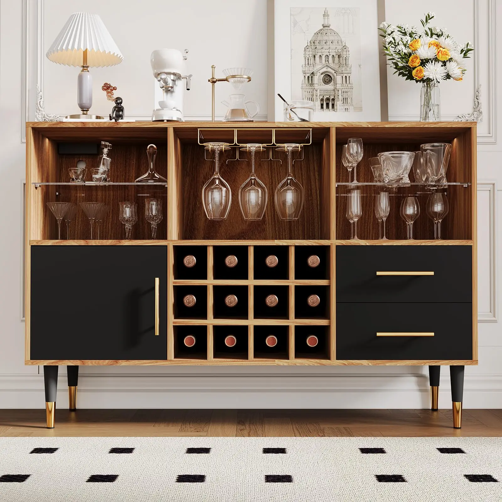 LED Light Sideboard Coffee Bar Table, 47 Inch Buffet Cabinet with Charging Station, Wine Rack, Drawers & Doors for Home