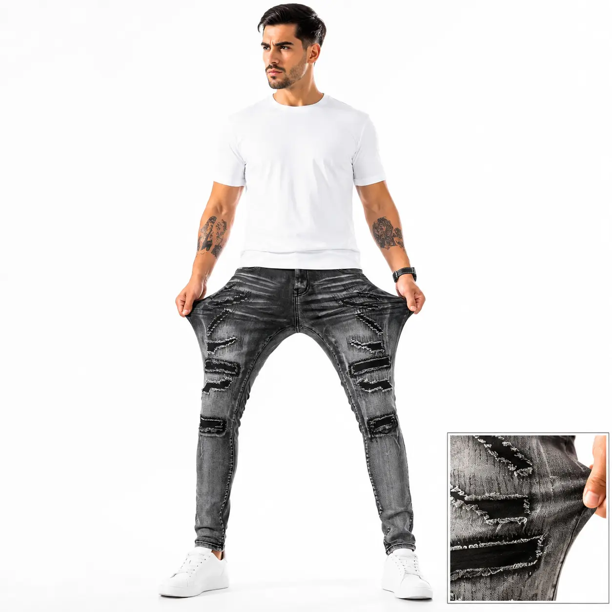 Men's Silver Gray Slim-Fit Stretch Distressed Ripped Jeans - Soft, Breathable, Lightweight Denim Pants with Pockets - Menswear Streetwear Casual Outfit for Young Men - 2026 New Arrival All-Season