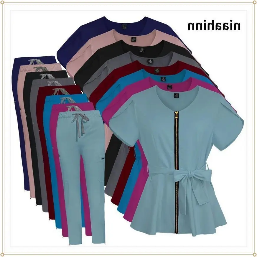 Nurses Uniform Workwear Scrubs Tops+pants Suit Solid Color Nurse Uniform Short Sleeved Pocket Blouse Pharmacy Dentistry Workwear Womenswear Clothes Comfort -Light Blue Gamis Vneck
