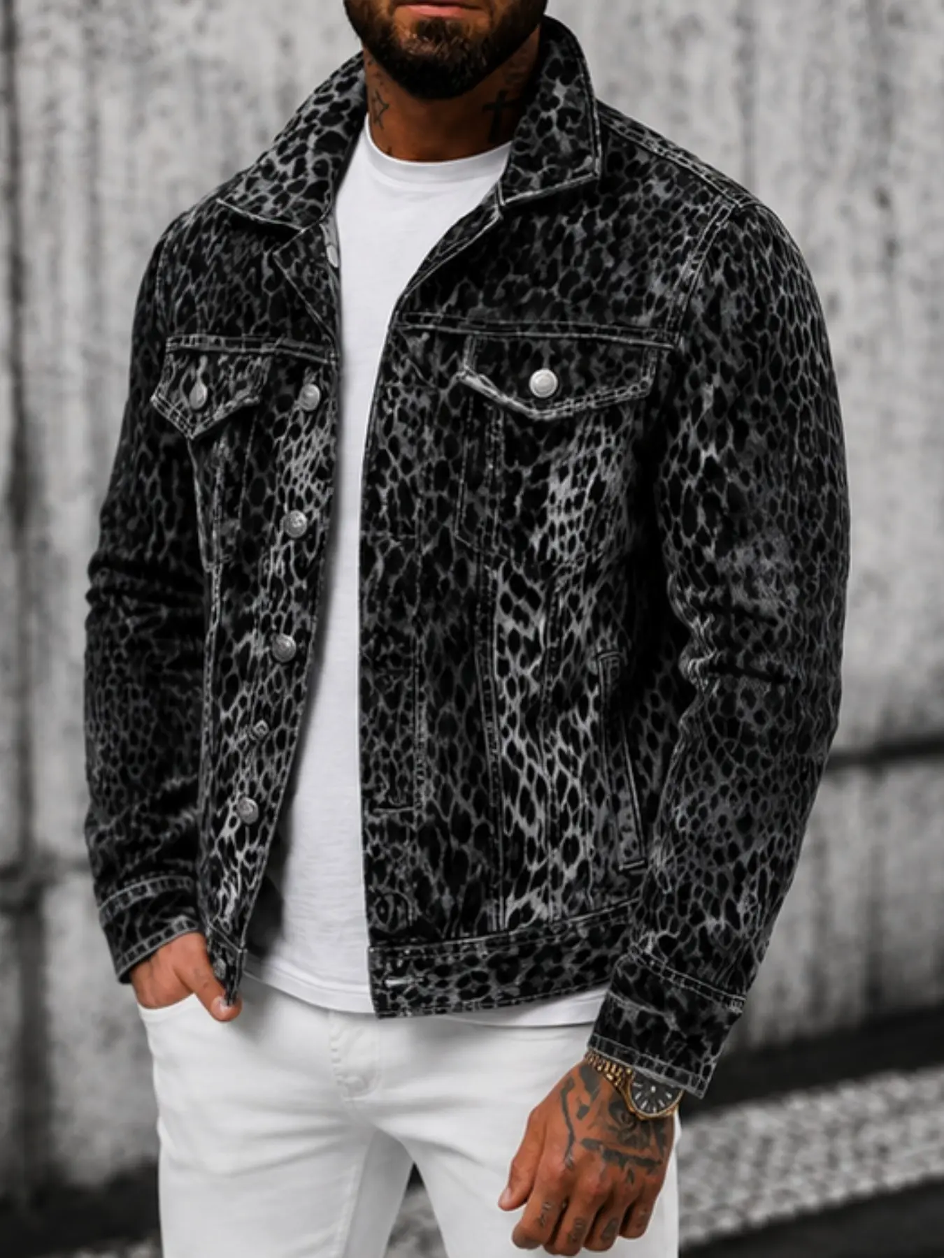 Men's Fashion Denim Outerwear Jackets, Leopard Print Casual Style, Long Sleeve Loose Fit, Fall & Winter Business Wear, New Arrival