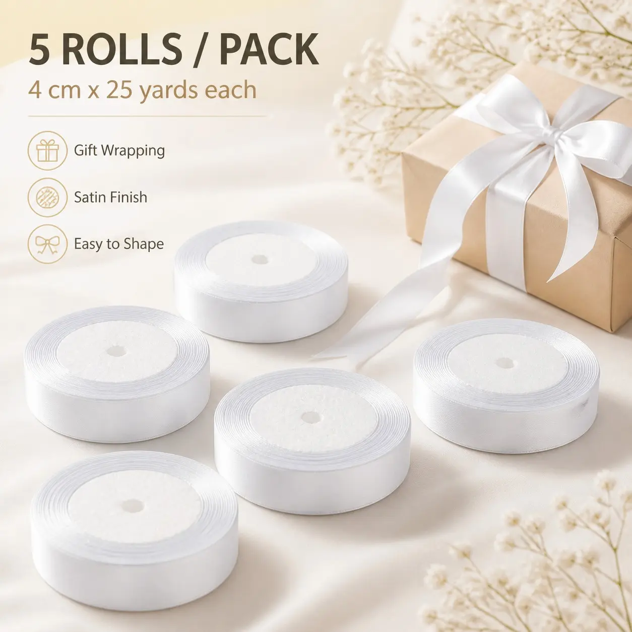 5 Rolls Ribbon, Valentine's Day Wedding Flower Packaging, Thick Satin Ribbon, 4cm Wide X 22m/ Roll, Durable and Shiny, Ideal for Gift Wrapping