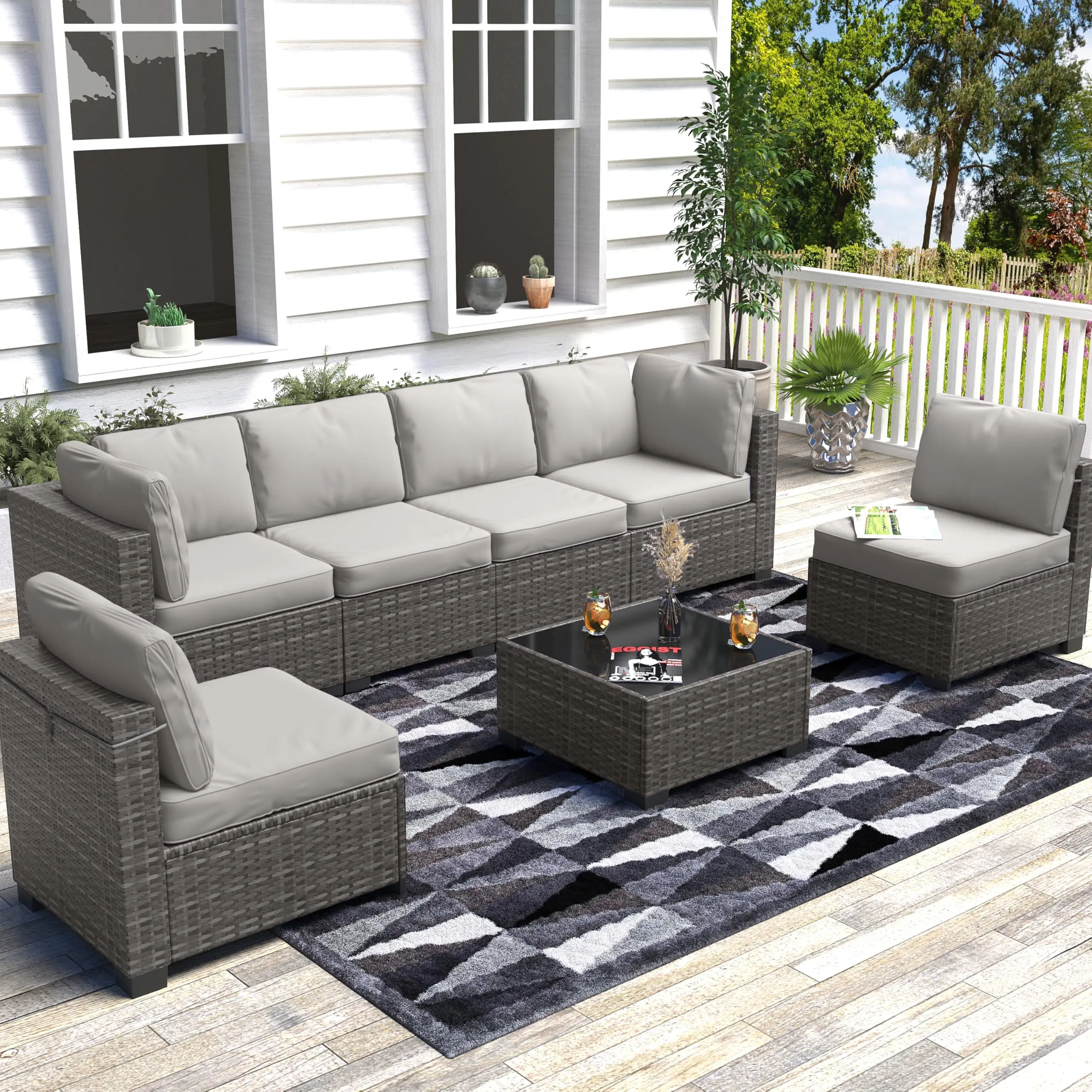 7-Piece Outdoor Wicker Sectional Sofa Set with Coffee Table & Cushions for Patio, Garden & Backyard