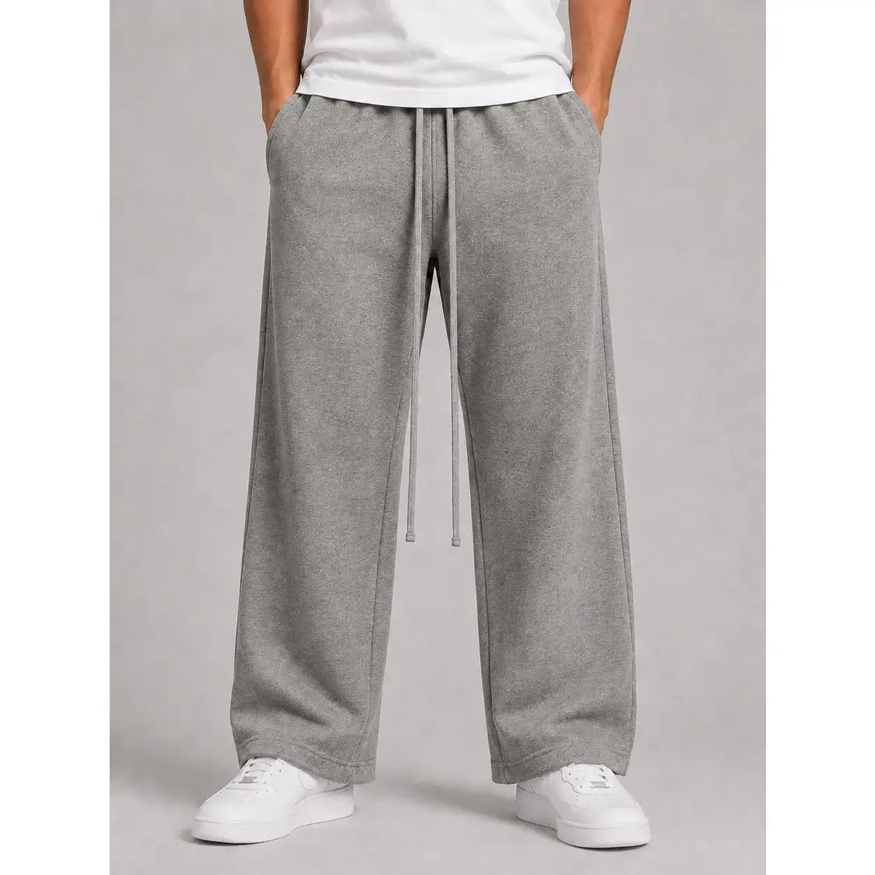 Men's Uncuffed Dark Gray Sweatpants, Casual Straight Leg Lounge Pants with Drawstring Elastic Waist & Side Pockets, Solid Color Gym Workout Streetwear Pants Menswear
