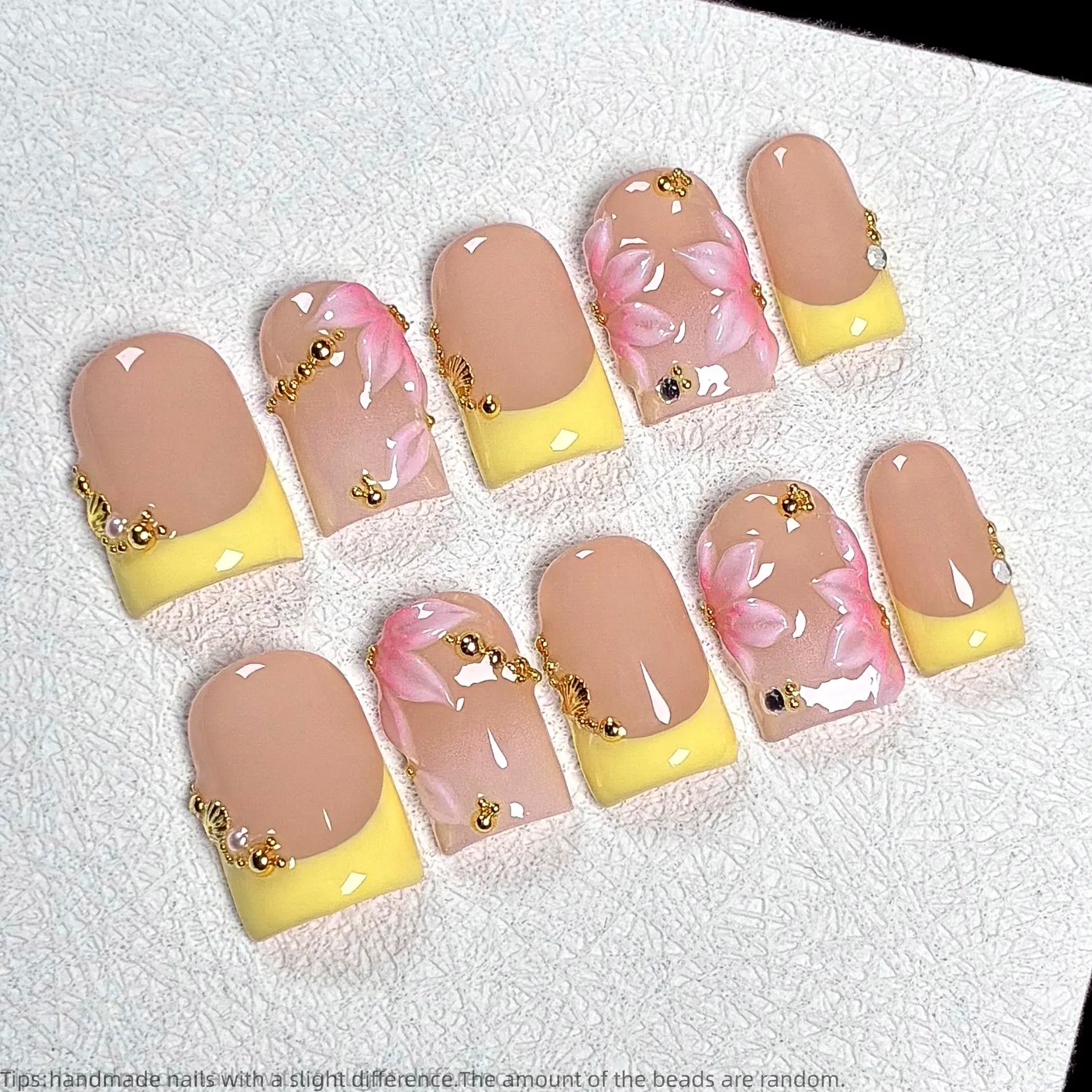 10Pcs Handmade Yellow French Tip Press On Nails, Short  Nails, Duck Nails,Nude Fake Nails, Decorative Nails, Glossy 3D Pink Flower Gold beads Nail Art Nail Design, Handmade Press Ons For Women and Girls Spring and Summer