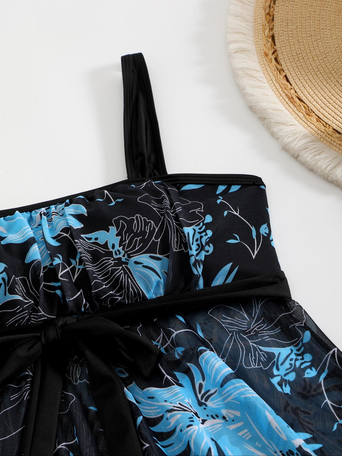 Women's Floral Print Tankini Set, Casual Sleeveless Swim Top & High Waist Swim Bottom Swimsuit for Beach Holiday Vacation, Ladies Swimwear for All Seasons, Tankini Outfit, Floral Pattern Tankini, Tankini Bathing Suits