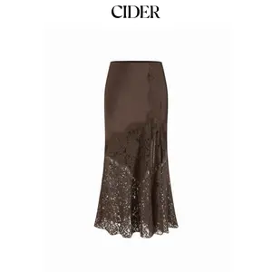 Cider Satin Mid Rise Lace Panel Mermaid Maxi Skirt
