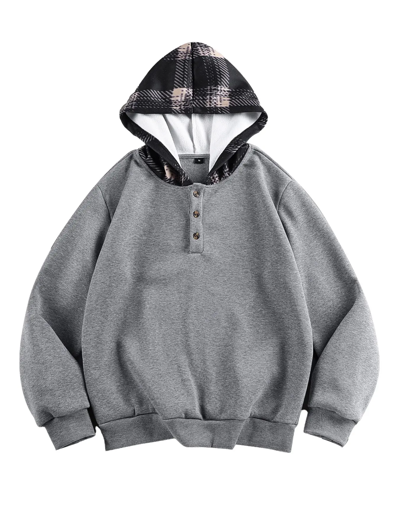 Men's Plaid Patchwork Hoodie, Henry Neck Button Pullover Sweatshirt, Loose Fit Long Sleeve, Casual Hooded Sweatshirts All Seasons Top, Unisex Fashion