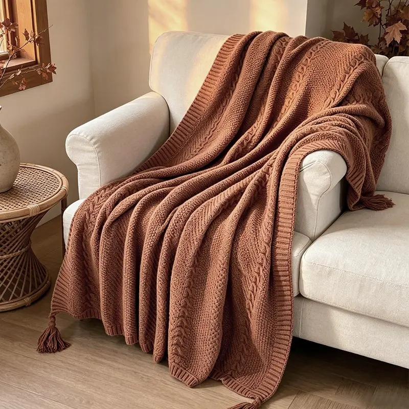 Comfort Braided Textured Knit Blanket with Corner Fringe Tassels, Easy, Ideal for Naps, Bed Rest, Outdoor Picnic