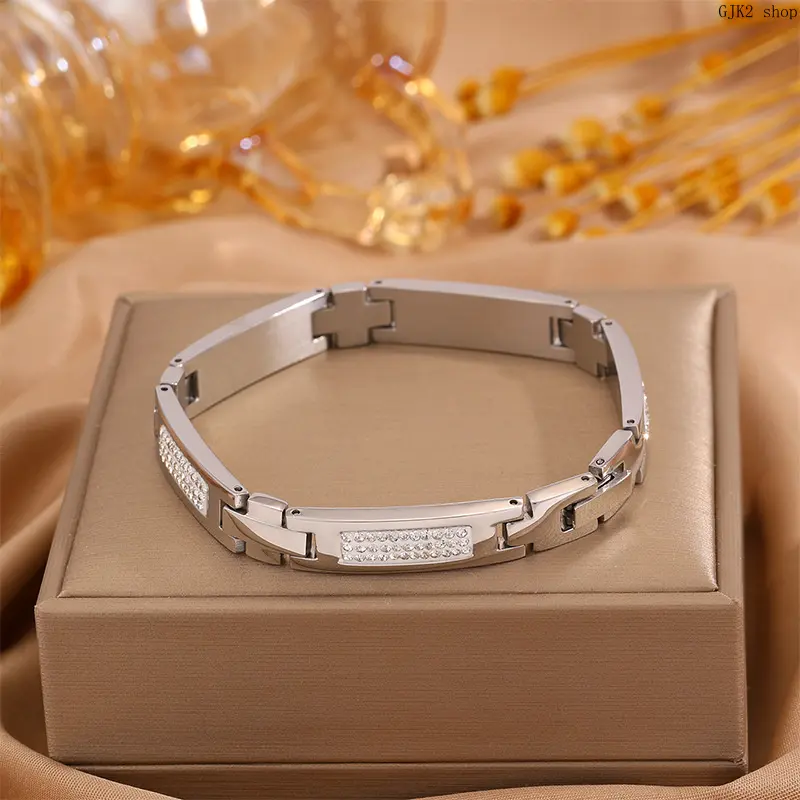 Steel Tone Rhinestone Bar Link Bracelet, Stainless Steel Chain Bracelet For Women