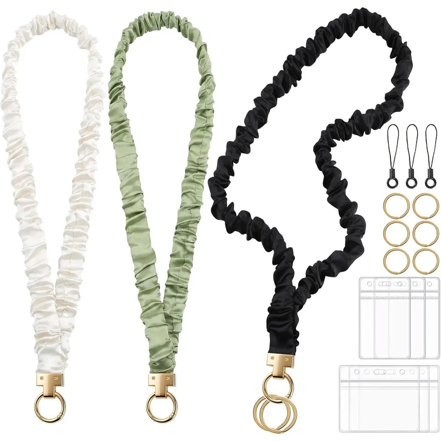 3 Pack Scrunchie Lanyard for Id Badges Teacher Lanyards, Black Beige Green | Stretchy Satin Fabric, Extends To 30 In, With Key Ring, Hook And Phone Tether For Teachers, Office, School And Travel