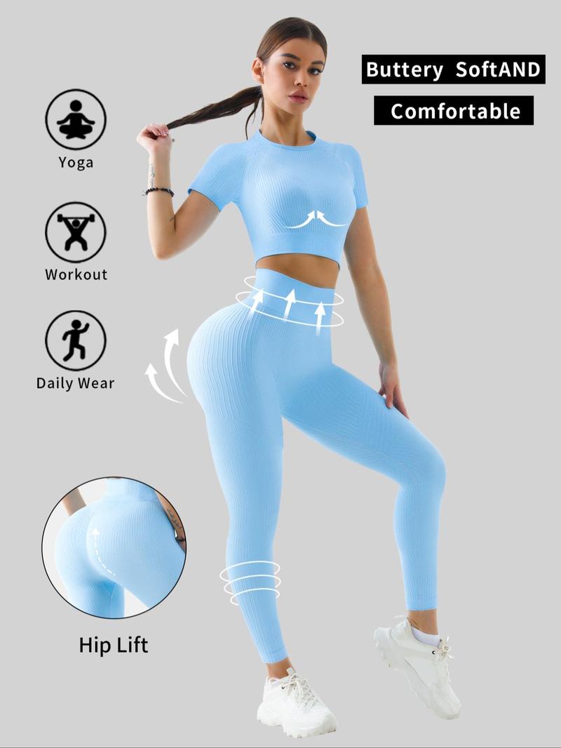 Women's Solid Tracksuit Set, Stretchable Activewear, Sport Raglan Sleeve Crop Top & High Waist Leggings, Summer Clothes Women, Women Tracksuits for Summer