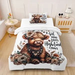 2/3Pcs Retro Geometric Rose Highland Cow Quilt Set, Trendy Print Machine Washable, Soft Anti-Caking Filling, Vintage Western Bedding (With Filling, No Pillows)