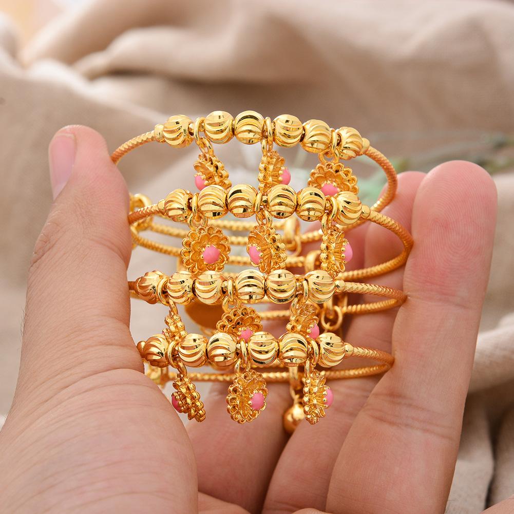 4pcs Baby Bangles Heart  Dubai Gold Color Bangles Kids Bracelet Luxury Bracelet Dubai Bangles Child Jewelry Birthday Present