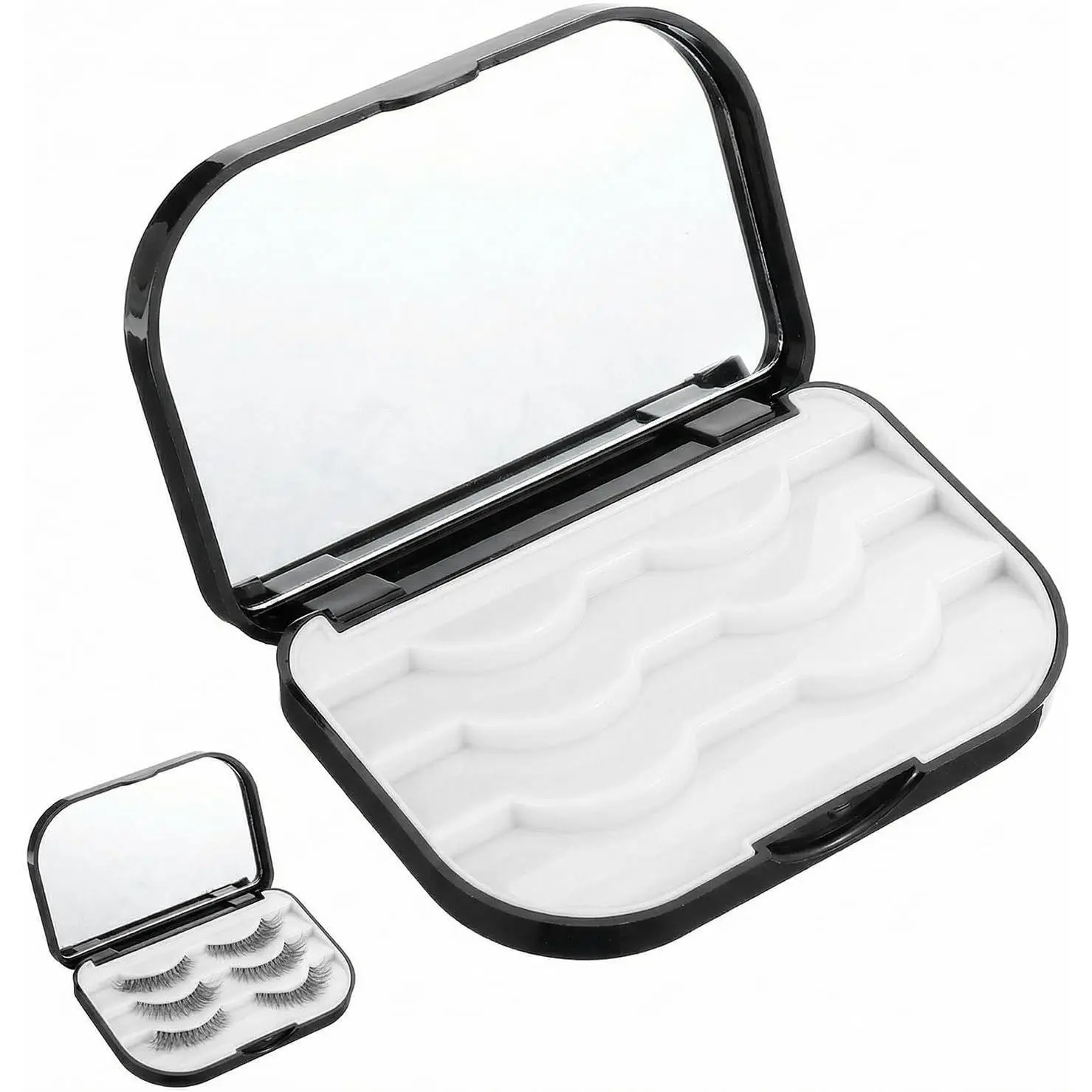 Eyelash Storage Case, 3 Layer False Eyelash Travel Case Fake Eye Lash Cases with Mirror Makeup Storage Box Empty Cosmetic Organizer Box Lash Packaging Can Store 3 Pairs (Black)