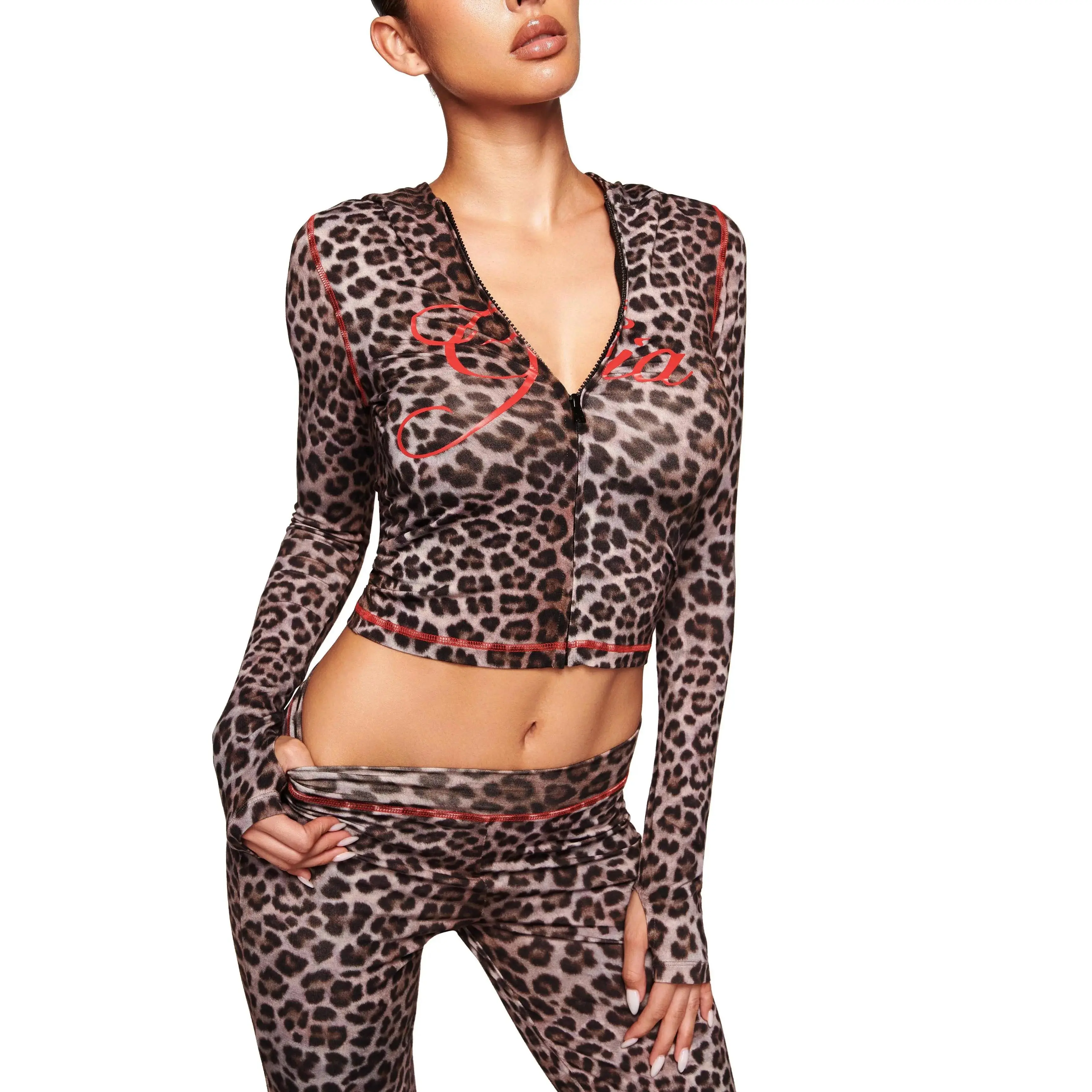 European and American new cross-border fashion printed trendy street casual leopard print zipper long-sleeved jacket and pants set-TAO