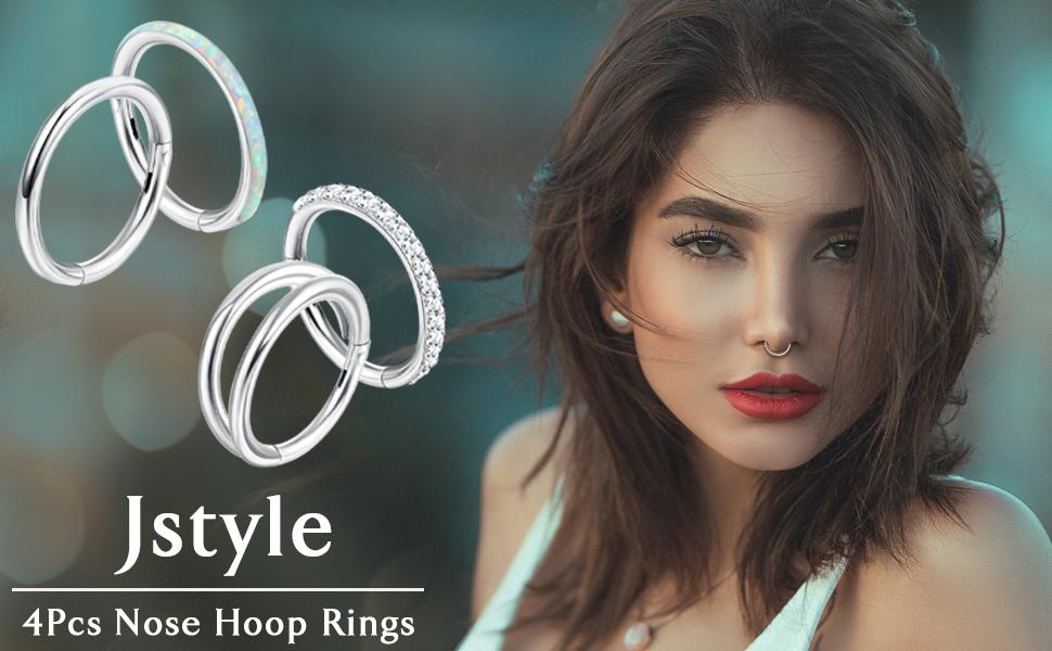 Jstyle 18G 16G Surgical Steel Nose Rings Hoops for Women Opal CZ Septum Rings Clicker Hinged Segment Nose Ring Lip Helix Cartilage Conch Daith Rook Nose Body Piercing Jewelry 8mm 10mm