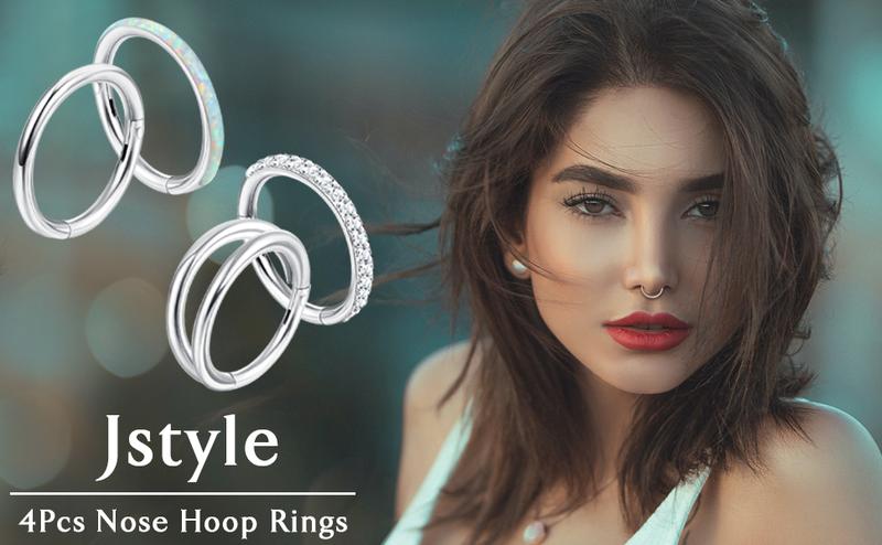Jstyle 18G 16G Surgical Steel Nose Rings Hoops for Women Opal CZ Septum Rings Clicker Hinged Segment Nose Ring Lip Helix Cartilage Conch Daith Rook Nose Body Piercing Jewelry 8mm 10mm