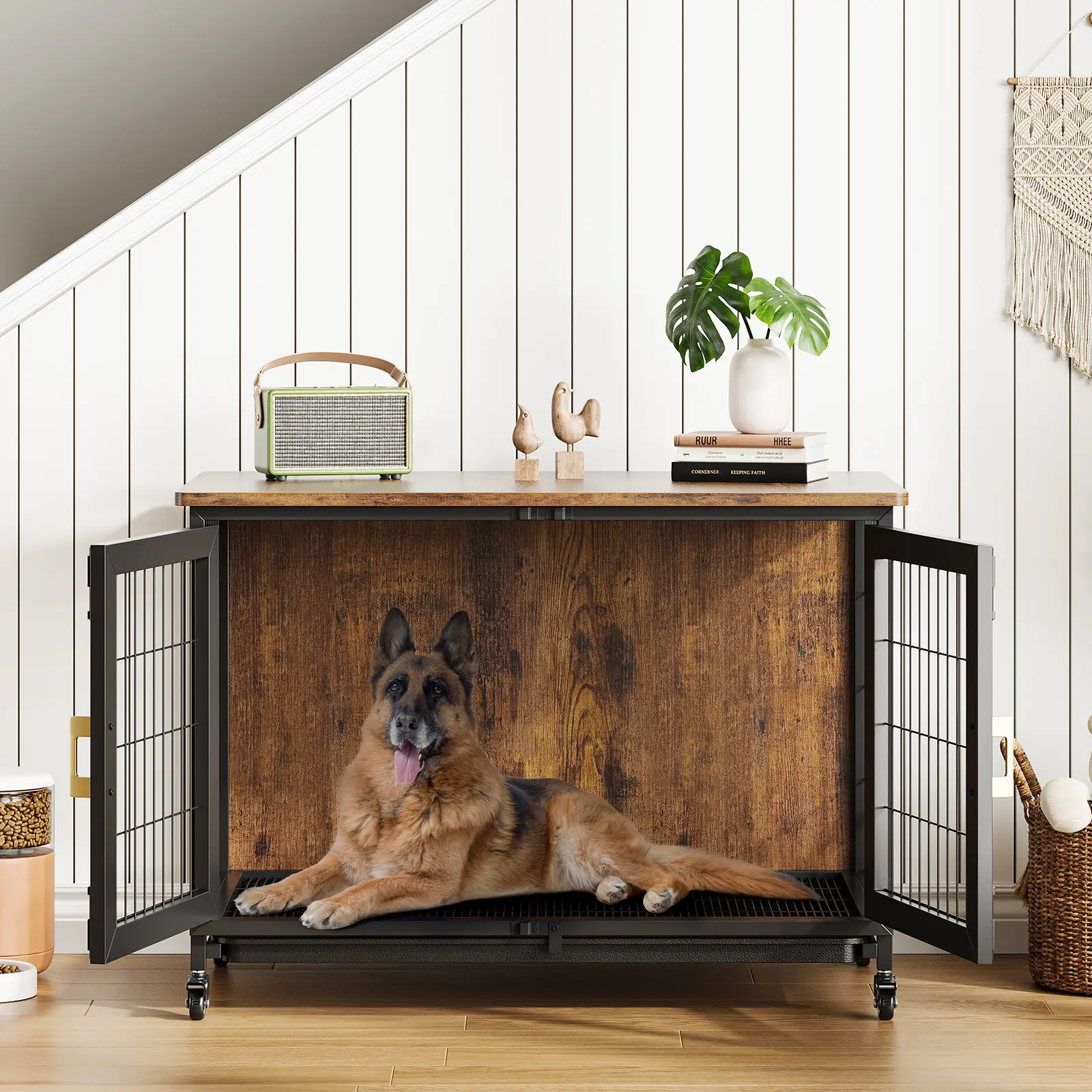 Wooden Dog Crate Furniture with Lockable Wheels, 37.5 Inch Modern Dog Kennel with Double Doors and Removable Tray