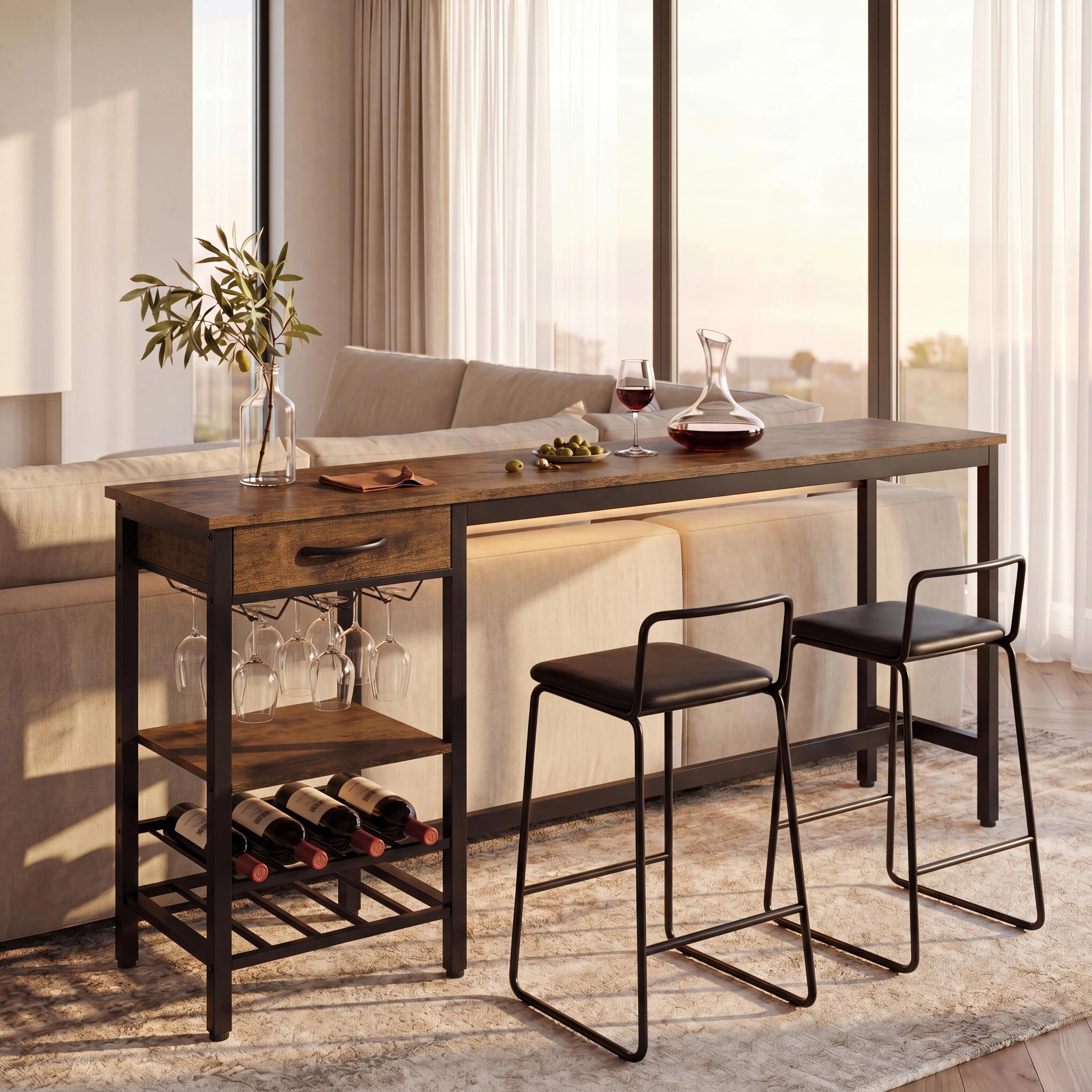 GARVEE 40"l x 15.7"w x 35.4"h Industrial Rectangle Pub Table - Narrow Bar Table with Wine Bottle Rack, Glass Holder, Storage Drawer, Shelves for Home Bar, Date Night Use, Small Spaces