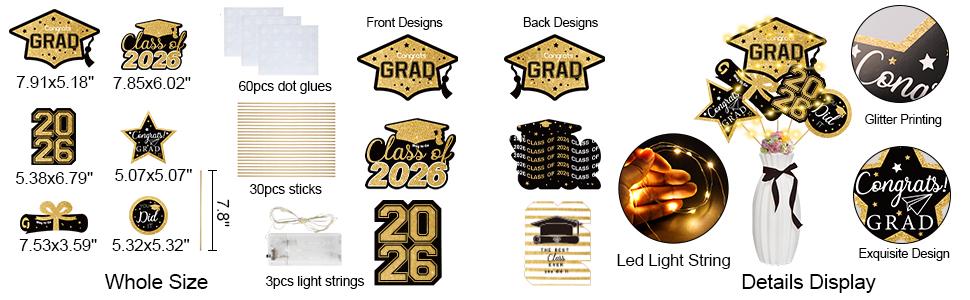 Graduation Decorations Class of 2026-30pcs Black and Gold Graduation Table Centerpieces Sticks Table Toppers with Lights for College High School Congrats Grad Party Supplies
