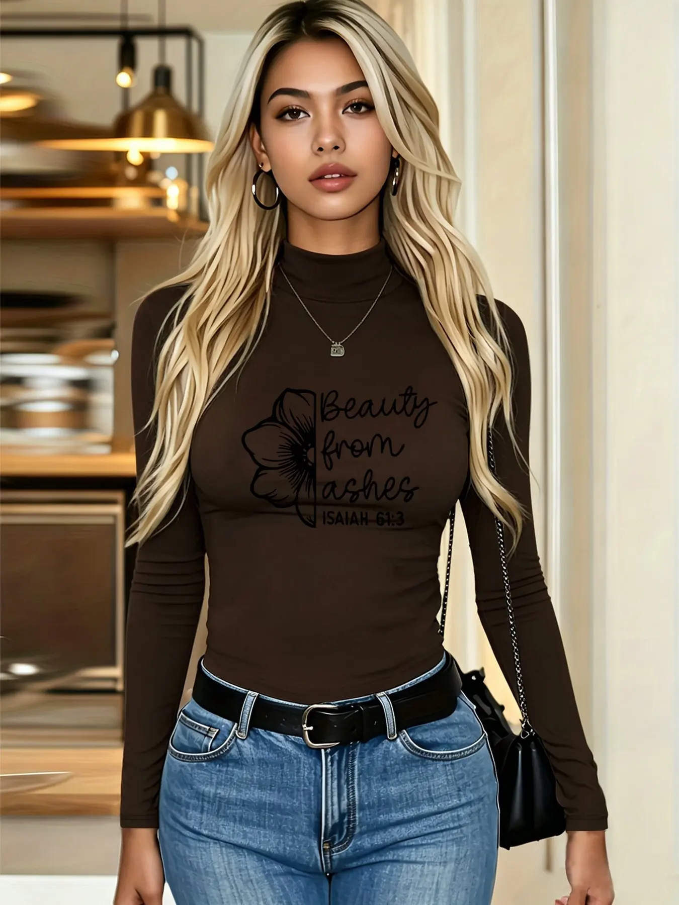 Fleece Lined Autumn Winter Solid Color Mock Neck Long Sleeve Base T-Shirt, soft and casual, great for daily wear & layering, printed with light tone Beauty from ashes floral faith print, soft delicate style