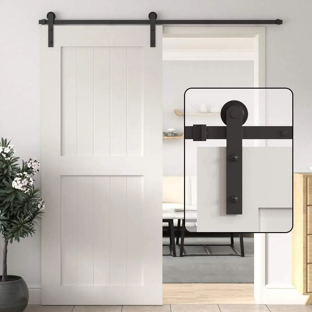 Modern 6.6FT Aluminium Alloy Sliding Barn Door Hardware Kit for Single Door - I-Shape Hangers, Black Rail, Silent Glide, Easy Installation, Indoor Use, Tracks, Floor Guide & DIY Necessary Hardware, Sliding Kit